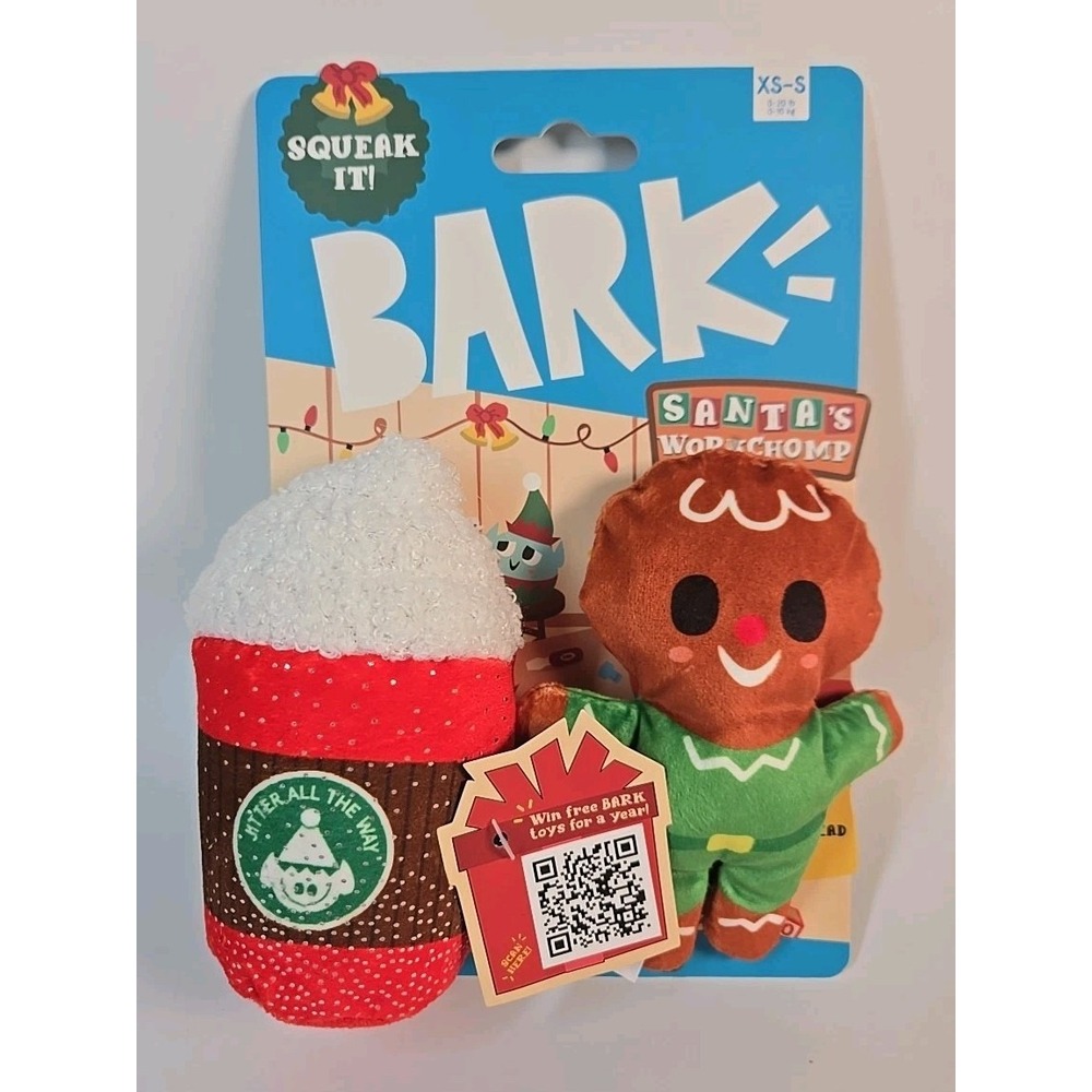 Bark Christmas Santa's Workchomp Jolly Jitterbread Man Dog Toy XS-Small 0-20 lbs